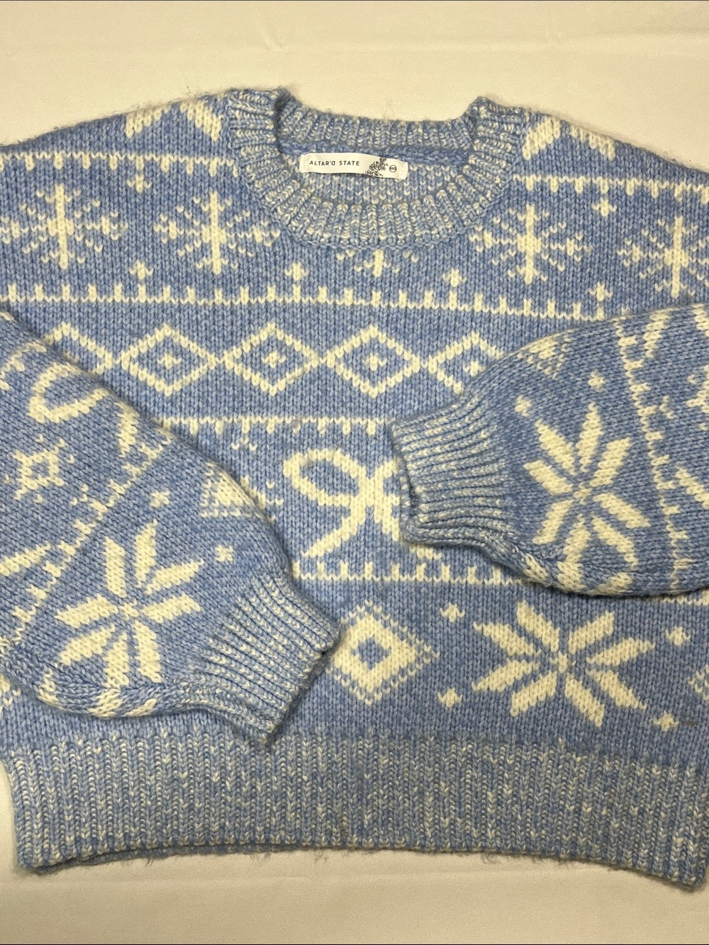Altar’d State Fair Isle Blue White Knit Sweater Cropped Cozy XXS SKU‎ 0104